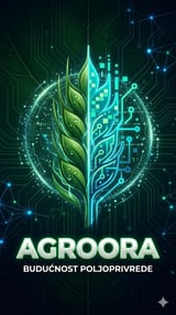 Digital logo featuring a split leaf design with green organic and blue tech elements representing AGROORA sustainability innovation